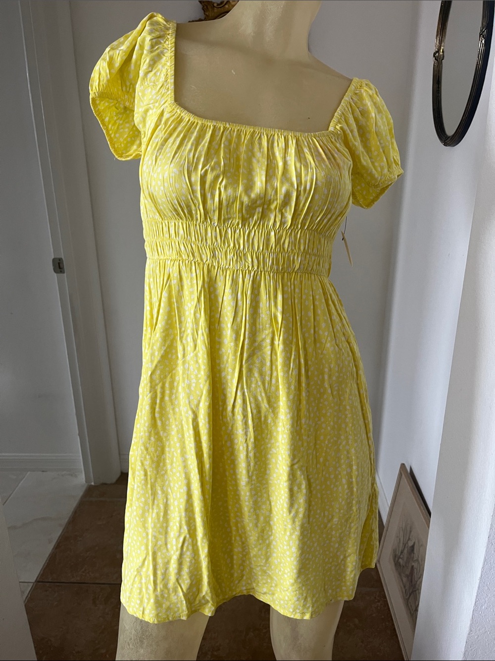 NWT Billabong Yellow Smocked Square Neck Mini Dress